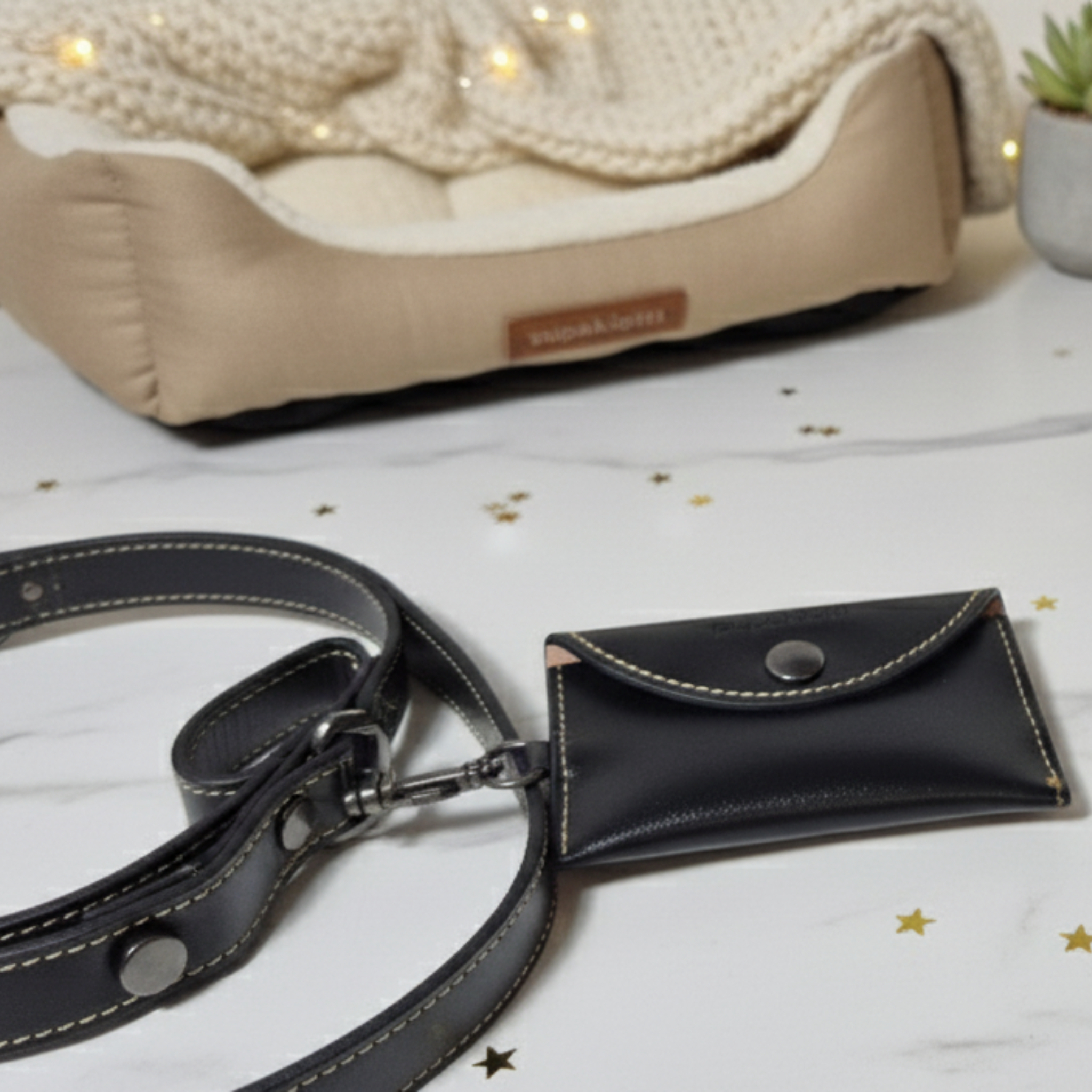 Set Collare con Cristalli e Guinzaglio in Pelle per Cani